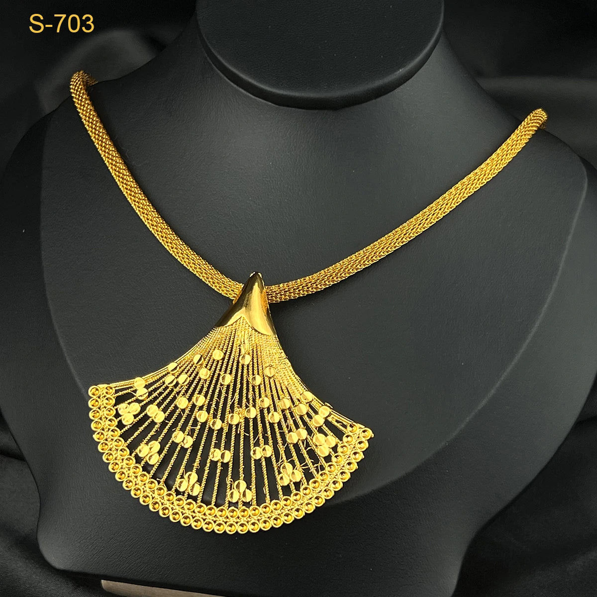 ANIID Fashion Indian 24k Gold Color Fan Shape Pendant Necklace Earrings Ring Sets for Lady Dubai Arab Big Jewelry Set Gifts - Hiron Store