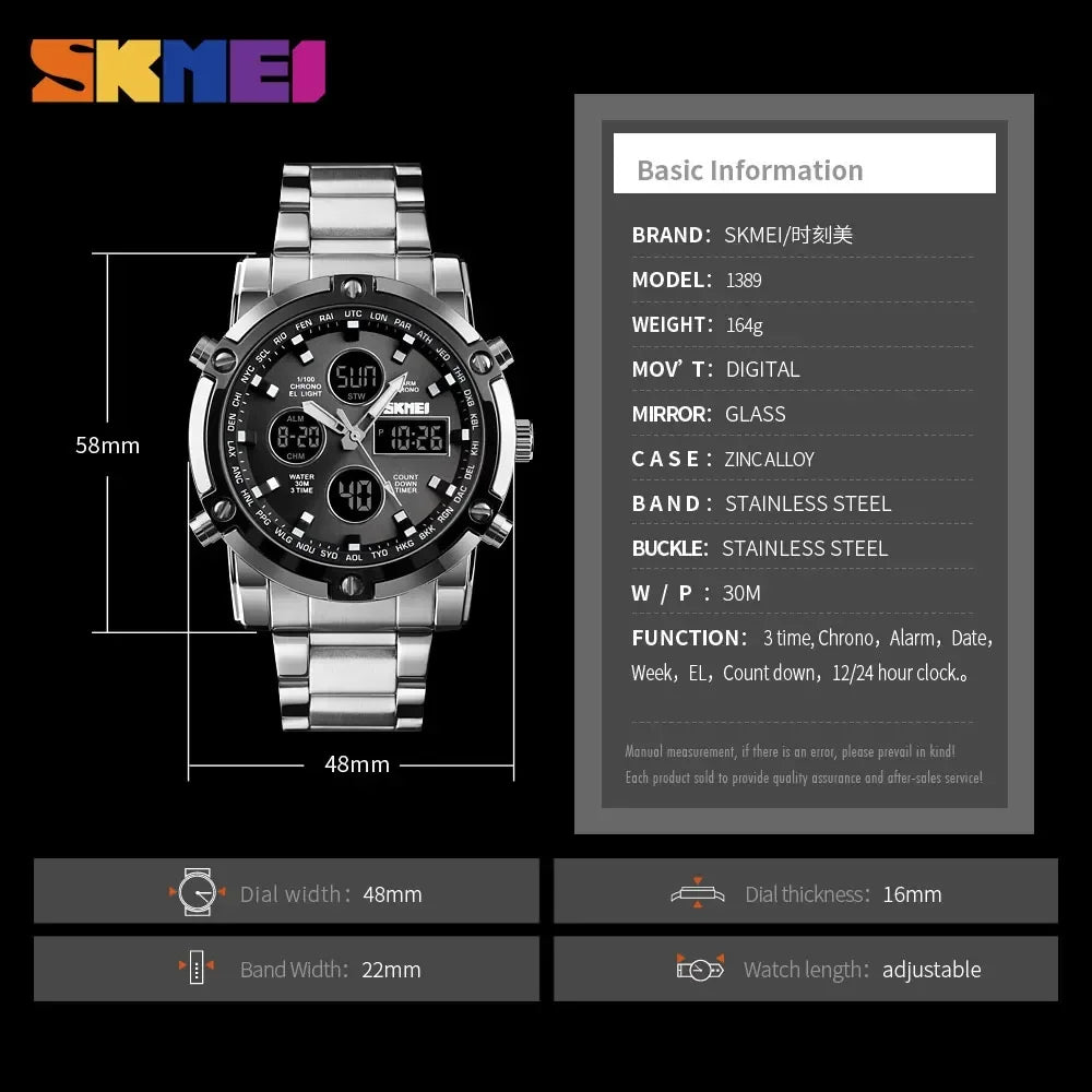 SKMEI 1389 Steel Strap Wristwatch Clock Relogio Masculino Digital Quartz Watches