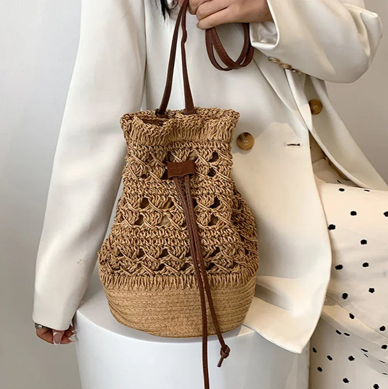 Chic Bucket Shape Crossbody Shoulder Bags Handmade Straw Hollow out Bag Pouch Female Travel Phone Purse Vintage Handbags - Hiron Store