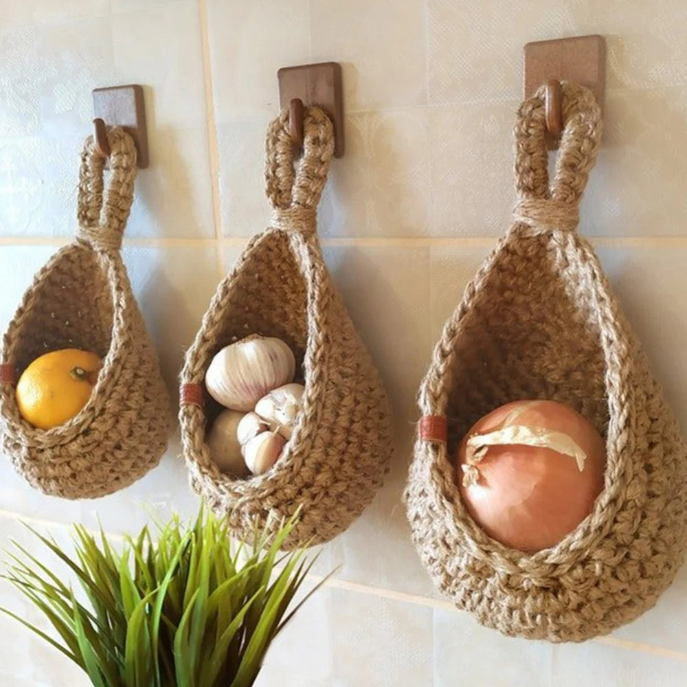 Handwoven Hanging Wall Vegetable Fruit Basket Organizer Container Decor for Kitchen Garden Mount Wall Plant Flower Onion Storage - Hiron Store