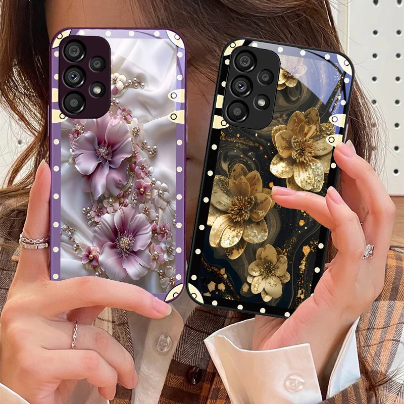 Box Pink Flowers For Samsung Galaxy S10 4G S20 11E 30 S21 22 S24 Fe Pro S23 S25 Ultra 5G S9 Tempered Glass Phone Case