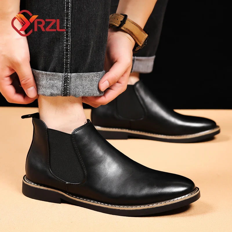 YRZL 39~47 Men Chelsea Boots Brand Retro Comfortable PU Leather Ankle Men's Boots