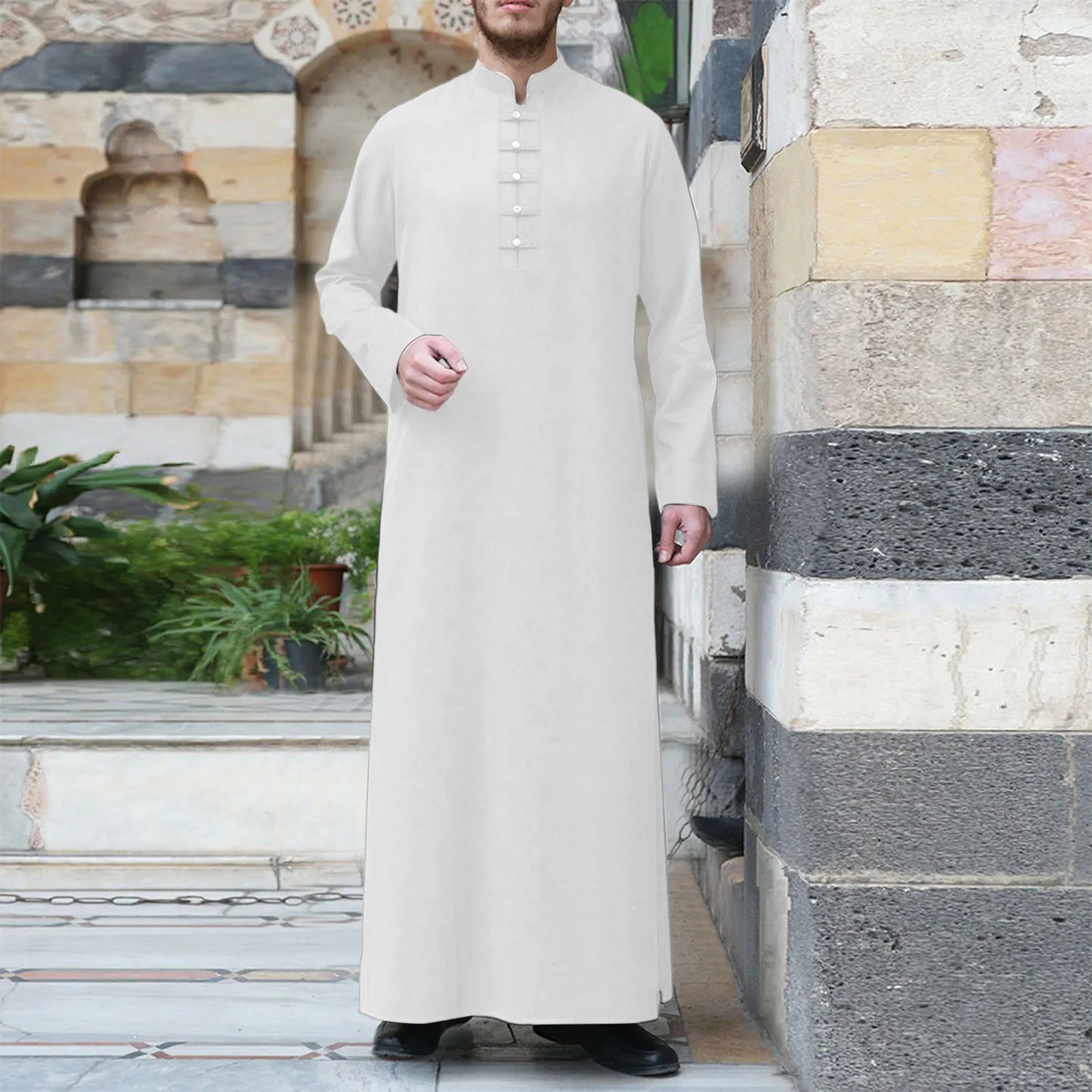 Muslim Robe Men Jubba Thobe Saudi Arabia Kaftan Solid Color Stand Neck Homme Abaya Caftan Islamic Clothing Islam Dress Eid Abaya - Hiron Store