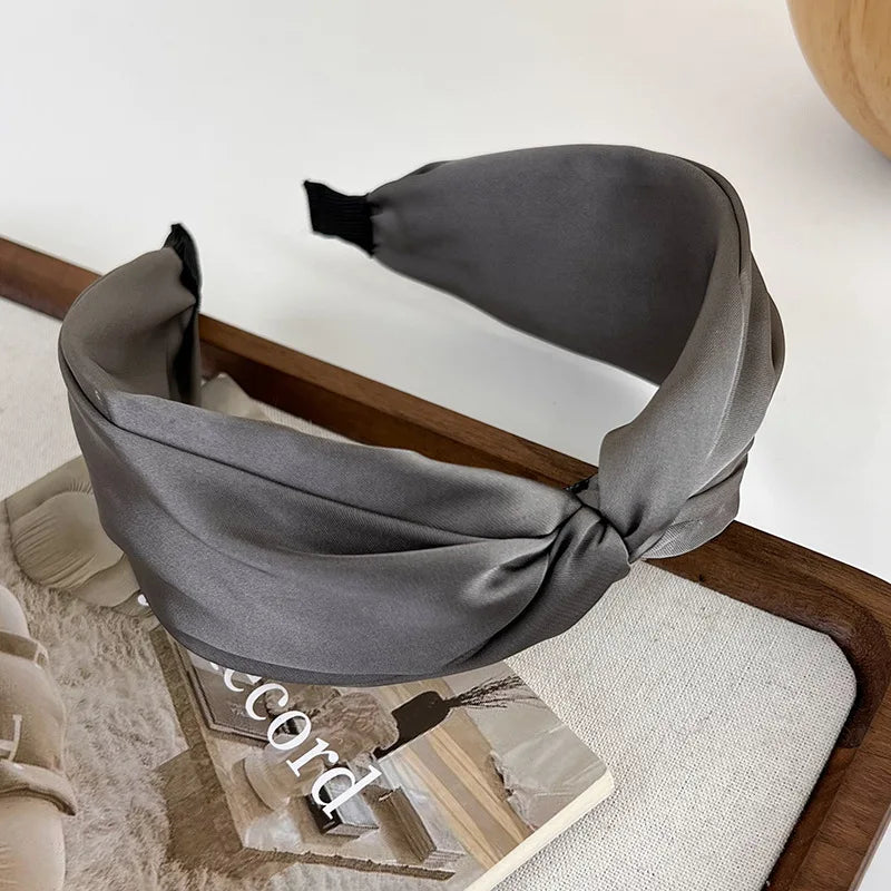 Retro Coffee Color Satin Knotted Wide Headbands Woman Temperament Elegant Hairband Hair Hoop Hair Fashion Accessories