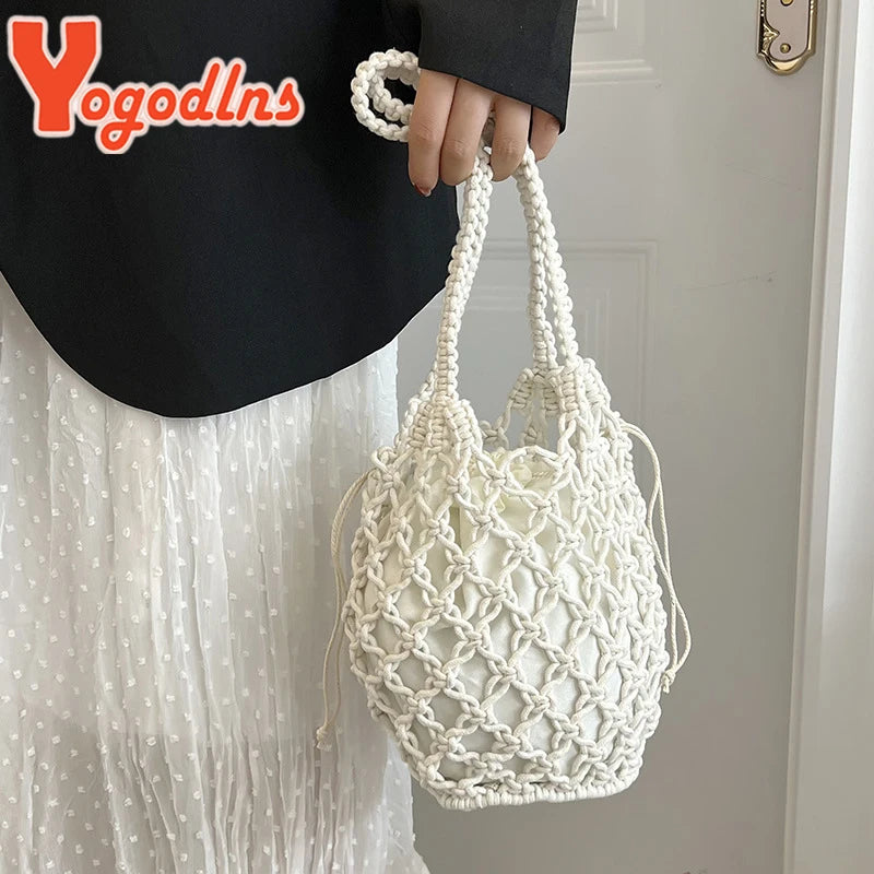 Drawstring Women's Straw Bucket Bag Summer Woven Shoulder Bags Purse Beach Handbag Straw Handbags Casual Crossbody Bag - Hiron Store