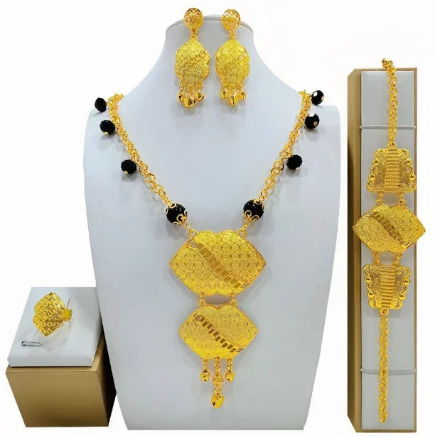 Dubai Jewelry Set For Women Necklace Earrings Indian Thailand Two Piece Set Gold Color