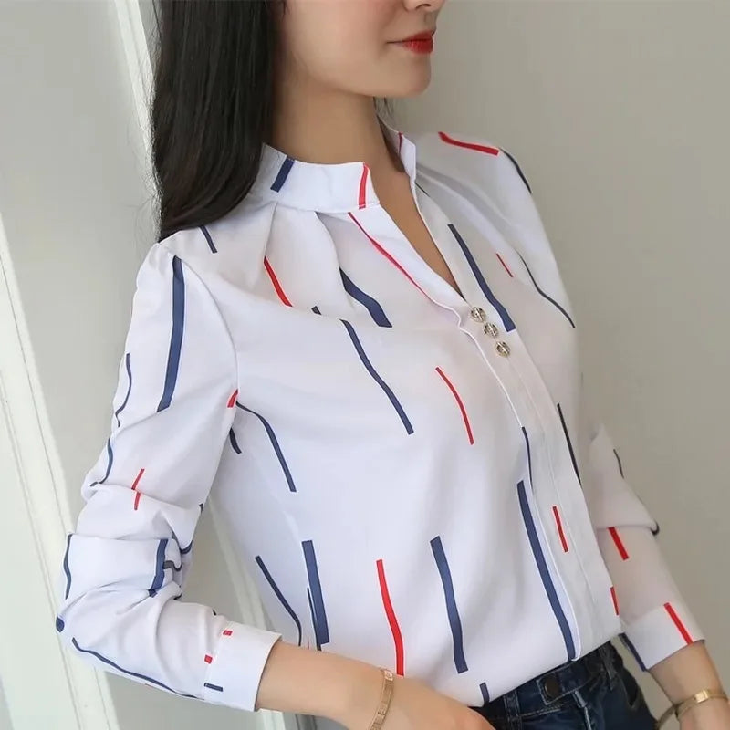 Women White Tops Blouses Fashion Stripe Print Casual Long Sleeve Office Lady OL Shirts Slim Blusas DF4970 - Hiron Store