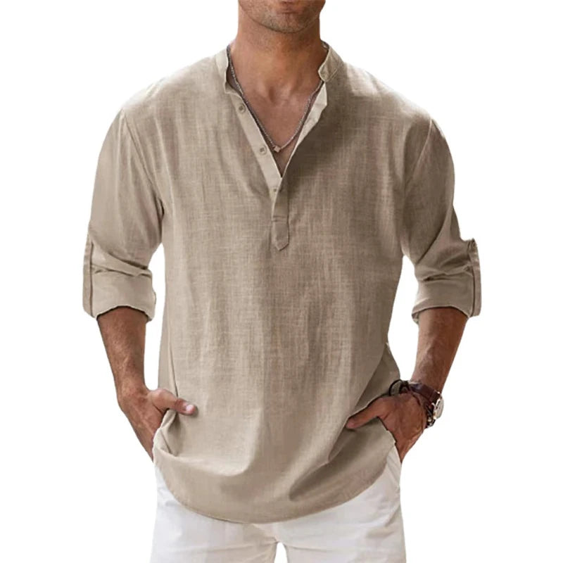 New Cotton Linen Shirts for Men Casual Shirts Lightweight Long Sleeve Henley Beach Shirts Hawaiian T Shirts for Men - Hiron Store