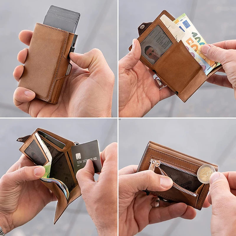 Pop-Up Credit Card Case with  Protection Genuine Leather  Wallet with Compartment for Notes and Coins for Men and Women