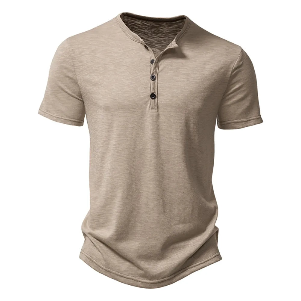 Henley Collar Summer Men Casual Solid Color Short Sleeve T Shirt for Men Polo men High QualityMens T Shirts - Hiron Store