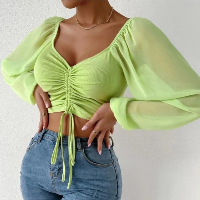 ALLUKASA Sexy Mesh Lantern Sleeves Drawstring Wrap Chest Bare Midriff T Shirt Women Long Sleeves Bottoming - Hiron Store