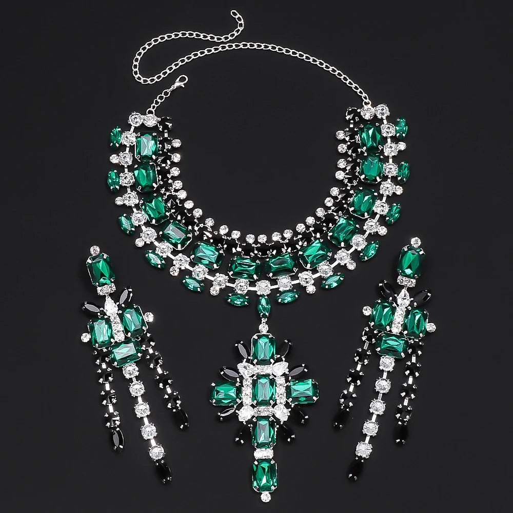 Necklace Set Pendant Bridal Accessories Luxury Design Green Rhinestone Jewellery Sets