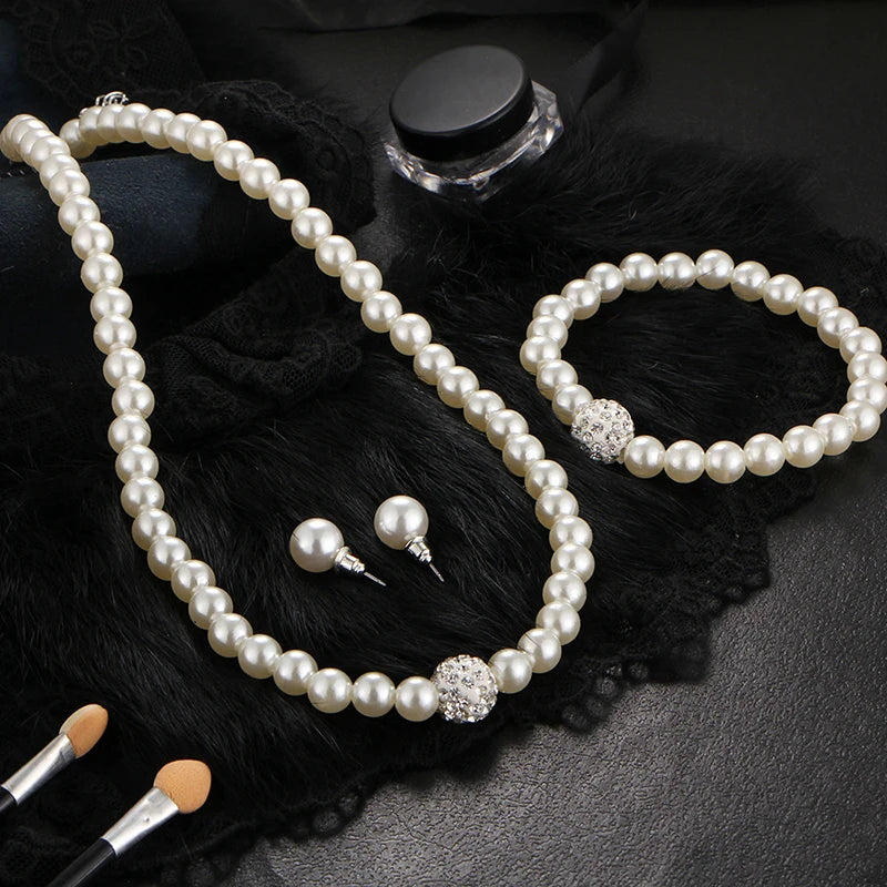 Luxury Crystal Simulated Pearl Necklace Earrings Jewellery Sets