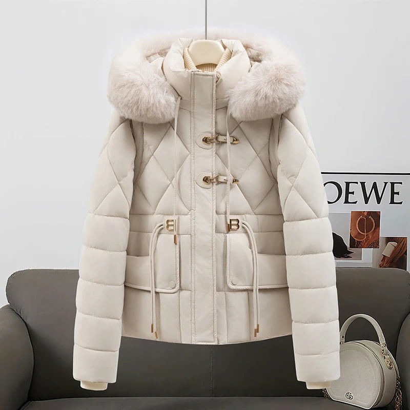 2026 New Women's down Cotton Jacket Short Thickened Large Fur Collar Loose Winter Coat