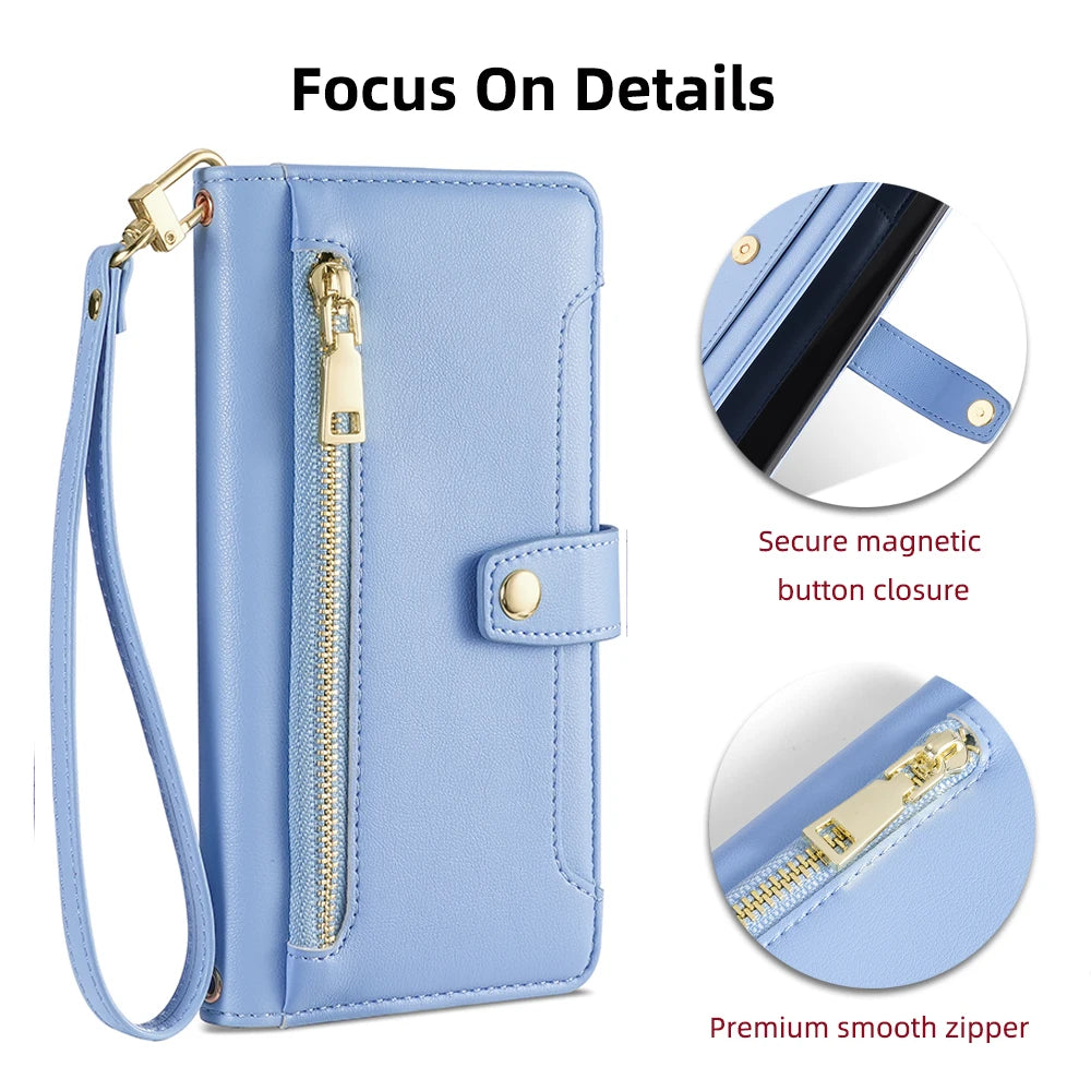 Ladies Card Slots Wallet Crossbody Phone Case for iPhone 15 14 13 12 11 Pro Max Cover with strap