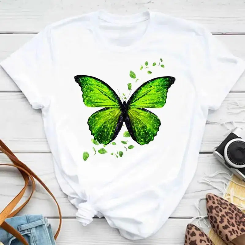 Fashion Women Men T Shirt Colorful Butterfly Petal Graphic Print T Shirt Casual Crew Neck Short Sleeve Plus Size T Shirt Unisex - Hiron Store