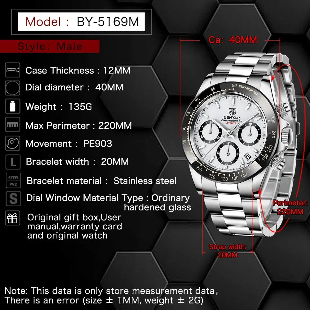 Watches Men Luxury Chronograph Male Waterproof Stainless Steel Quartz Watch