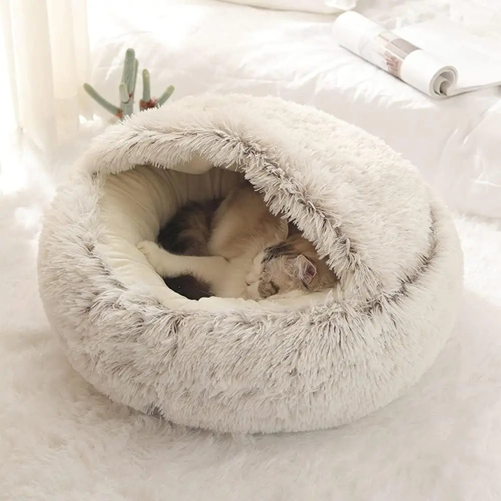 Soft Plush Pet Bed with Cover Round Cat Bed Pet Mattress Warm Cat Dog 2 in 1 Sleeping Nest Cave for Small Dogs - Hiron Store