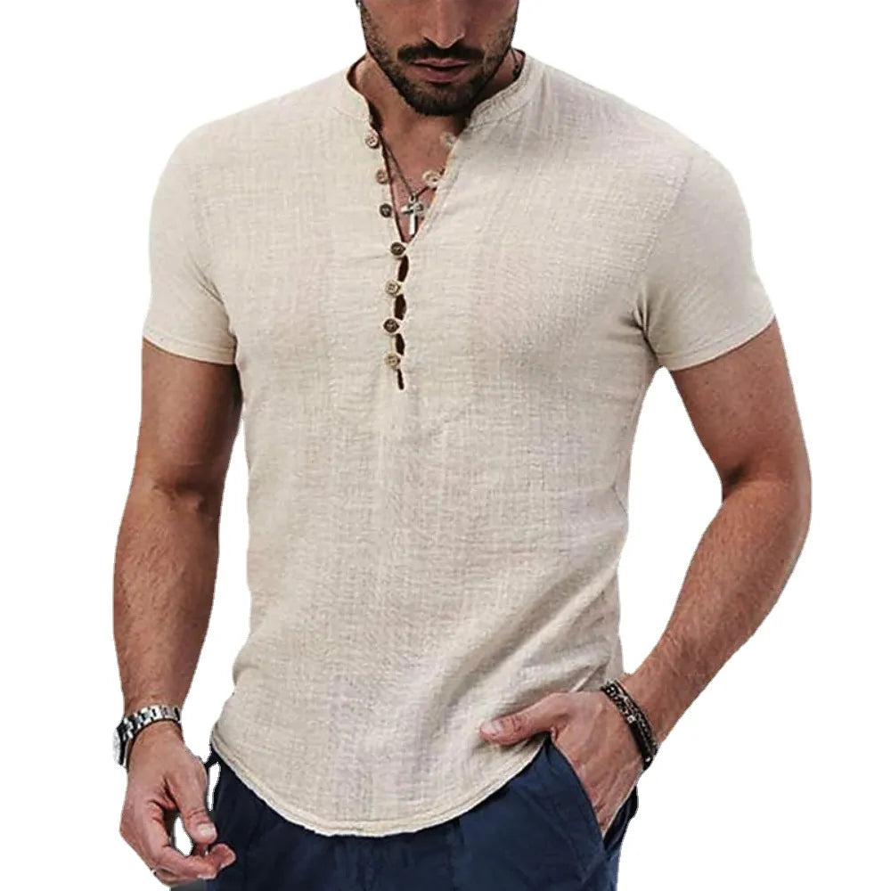 New Men's Short Sleeve Tshirt V neck button Cotton Linen Shirt Men's Casual Clothes Popular Tops for Men - Hiron Store