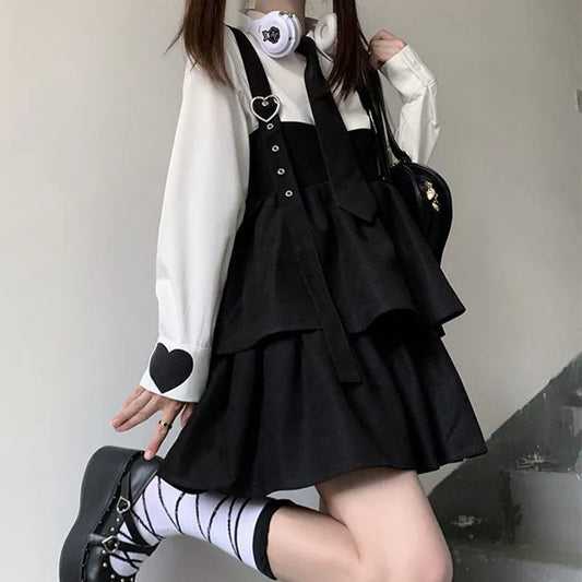 HOUZHOU Kawaii Black Lolita Dress Women Ruffle Layer Japanese fashion Sleeveless Strap Cute Mini Dress Preppy Style Soft Girl - Hiron Store
