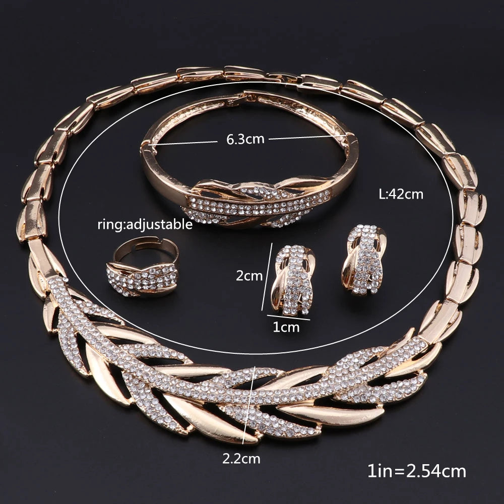 Silver Color Dubai Jewelry Set for Women Crystal Necklace Earrings with Bangle Ring