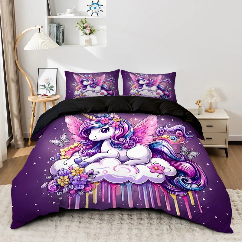 3PC Cartoon Unicorn Comfortable Bedding Set 1Duvet Cover & 2 Pillowcases Polyester Fiber 3D Digital Printing