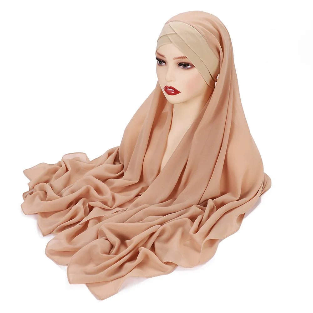 Instant Hijabs Chiffon Hijab Scarf With Cross Bonnet Brand Design Women Islamic Underscarf