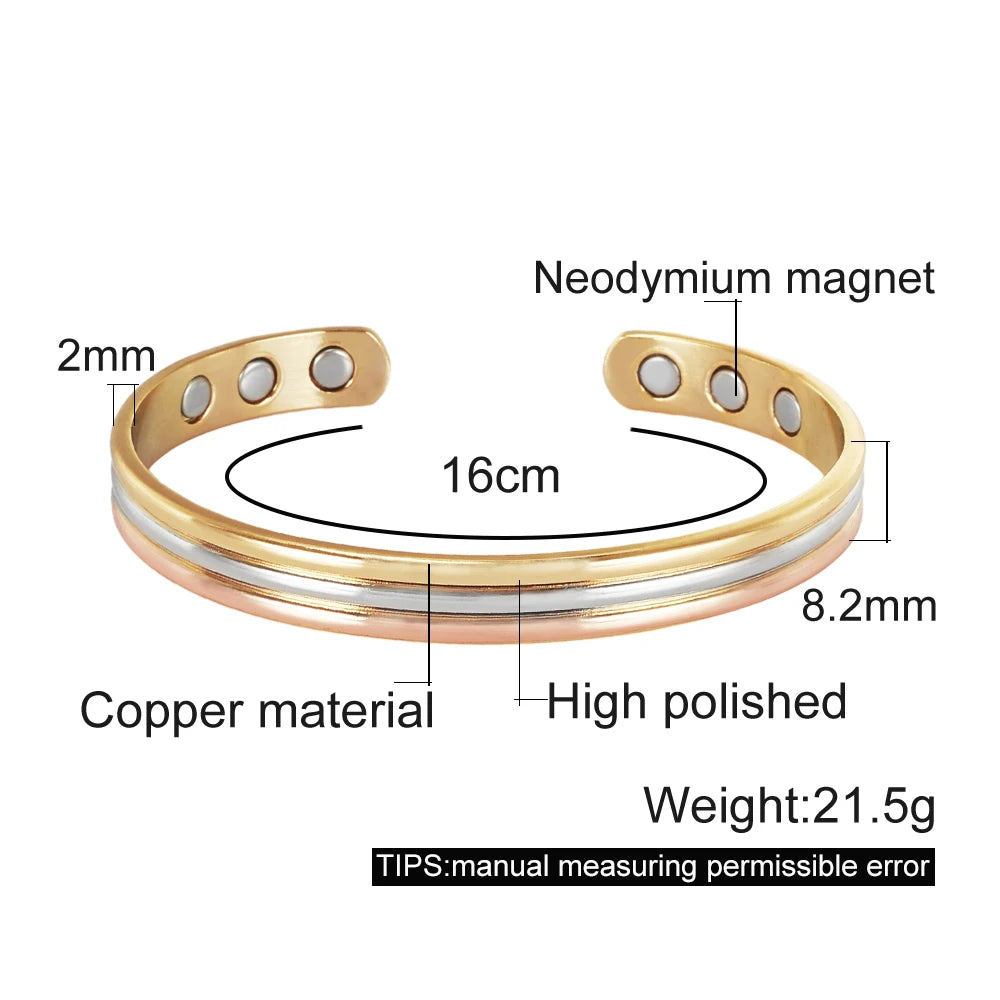 Copper Bracelets Magnetic Therapy Arthritis Lines Adjustable High Magnet Open Cuff 8mm Bangles Resizable Jewellery