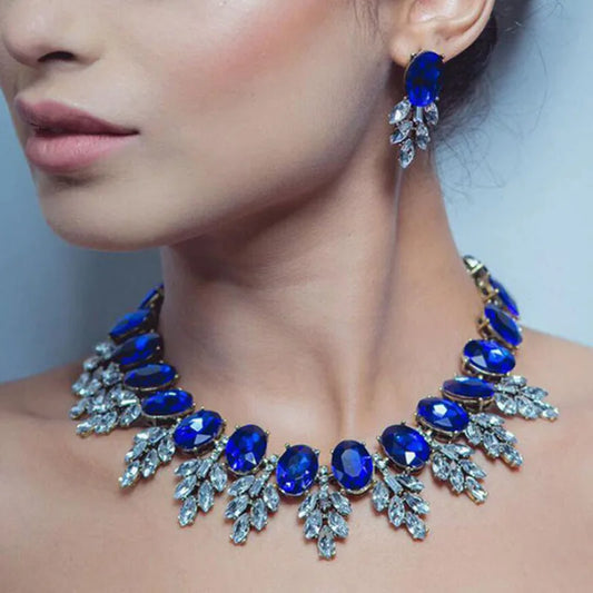 Luxury Jewelry Set Elegant Wedding Prom Crystal Earring and Chunky Bib Choker Royal Blue Rhinestone Statement Necklace for Women - Hiron Store