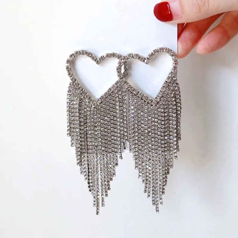 Heart Tassel Earrings Crystal Wedding Statement Accessories