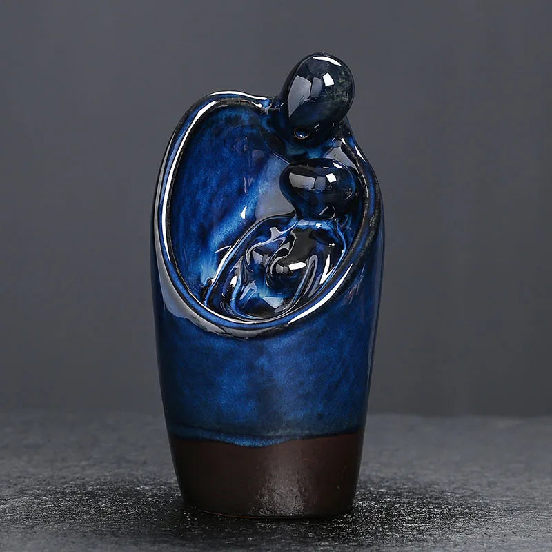 Ceramic Backflow Incense Burner Blue Kiln Variation Aromatherapy Furnace with Abstract Couple Design Perfect