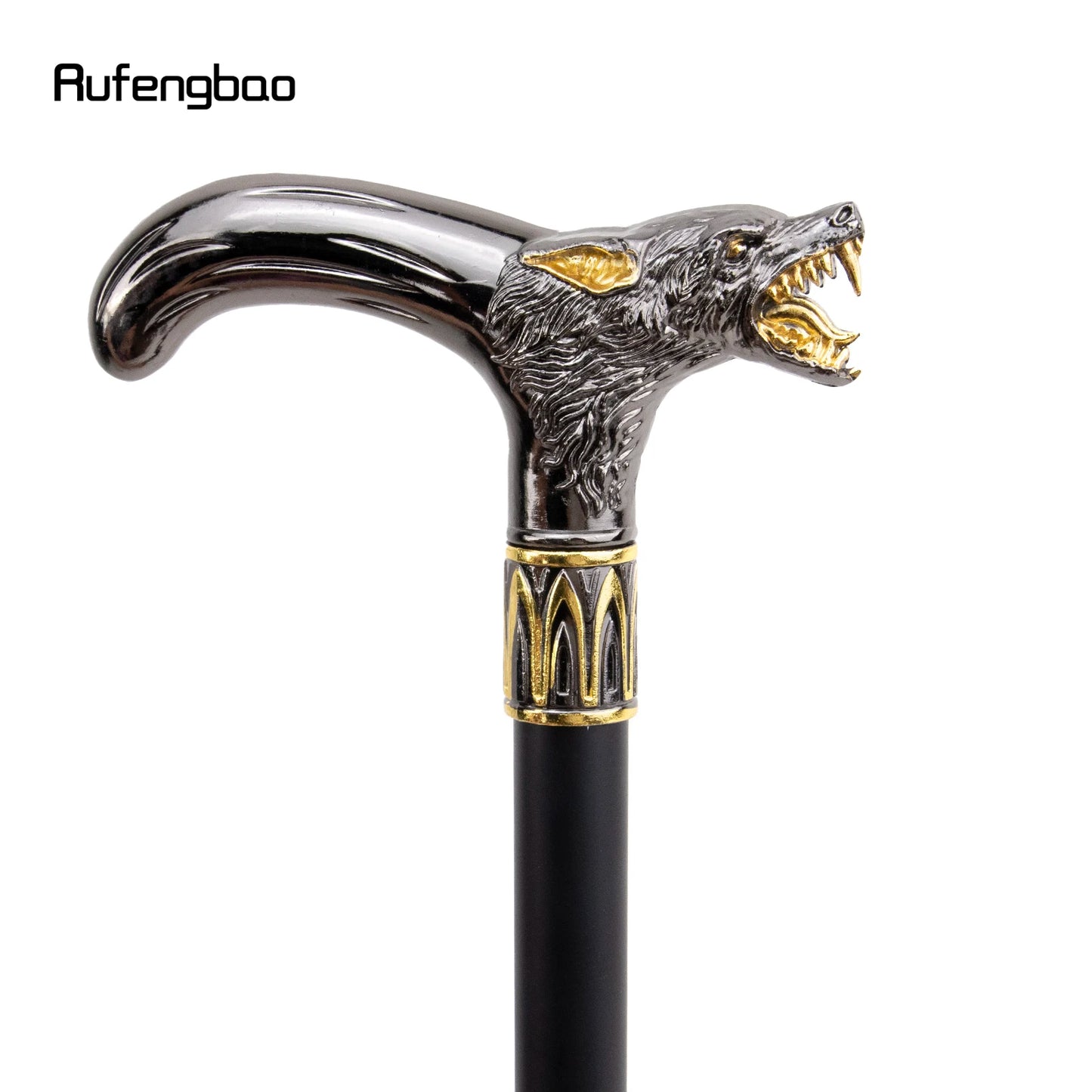 Golden Black Wolf Head Biting Walking Cane Fashion  Walking Stick Gentleman Elegant Cosplay Cane  93cm