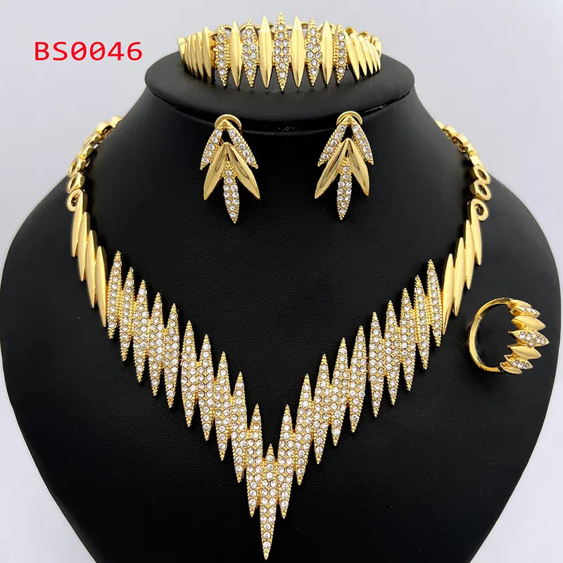Italian Gold Color Jewelry Set Elegant 18K Gold Plated Necklace Earrings Ring Bracelet For Women Bride Wedding Party Accessories - Hiron Store