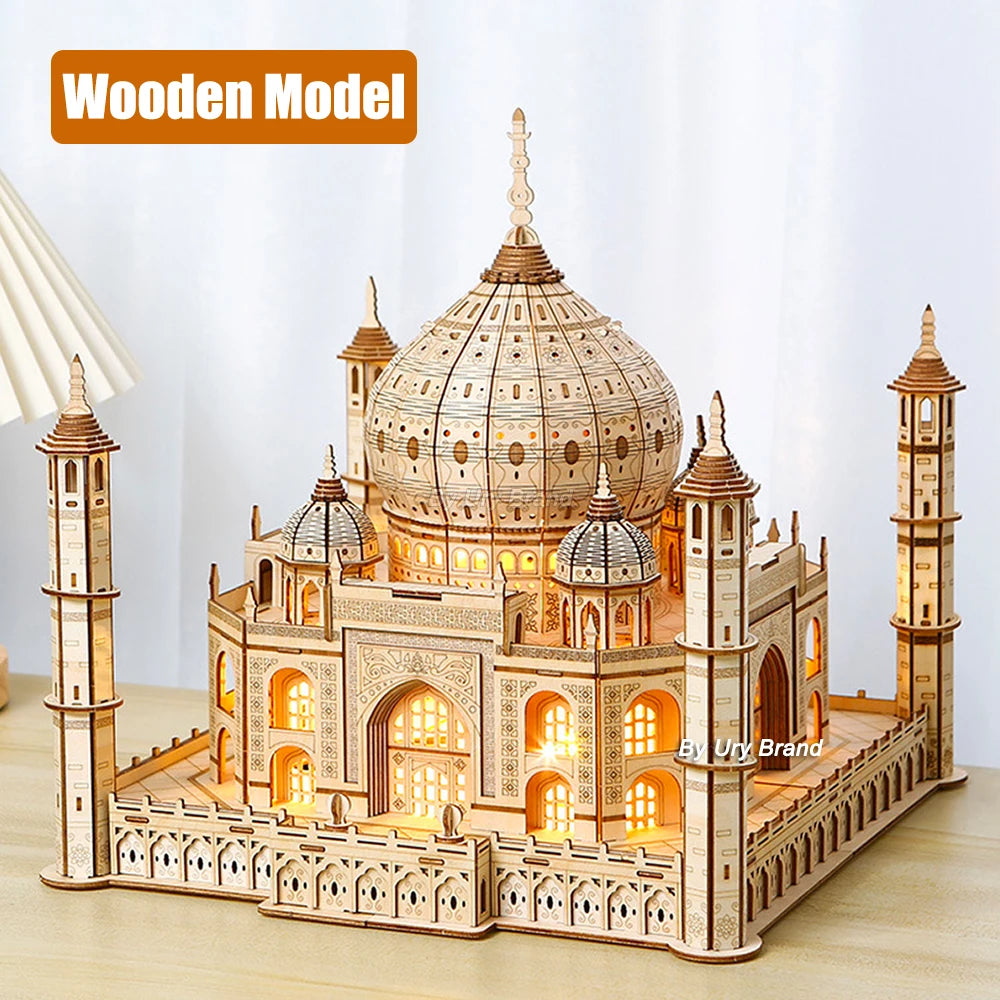 Wooden Puzzle House Royal Castle Taj Mahal With Light Assembly Toy For Kids Adult Model Kits Desk Decoration for Gifts