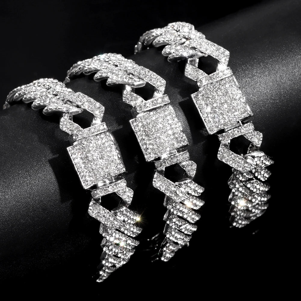 Punk Hip-hop 14MM Cuban Chain Bracelet For Women Men Bling AAA 2 Row Rhinestone Prong Cuban Bracelets Couple Gifts Jewellery