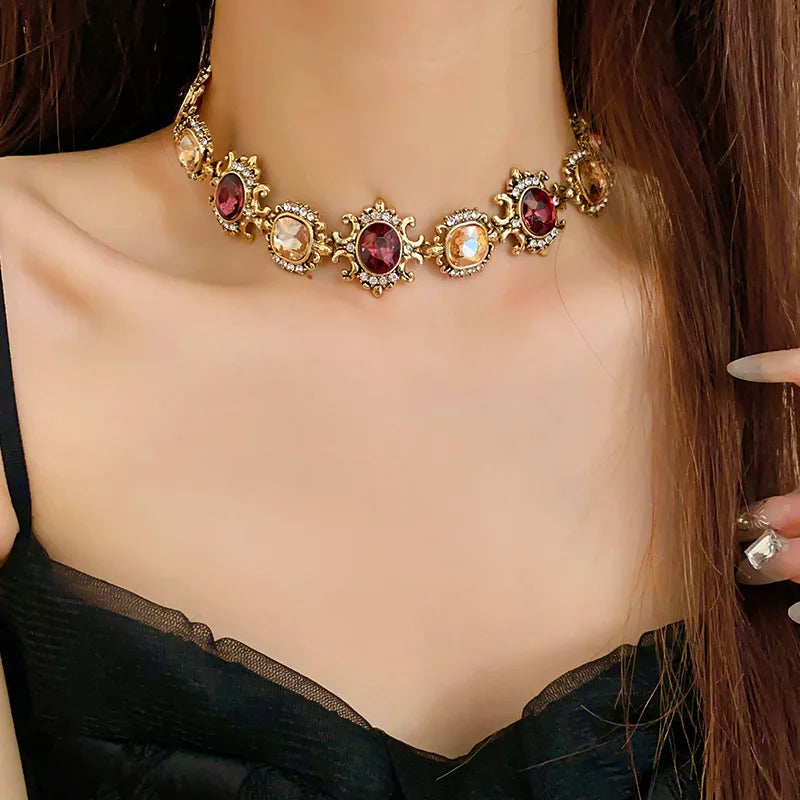 Baroque Style Necklace Earrings For Women Brown Crystal Jewelry Sets