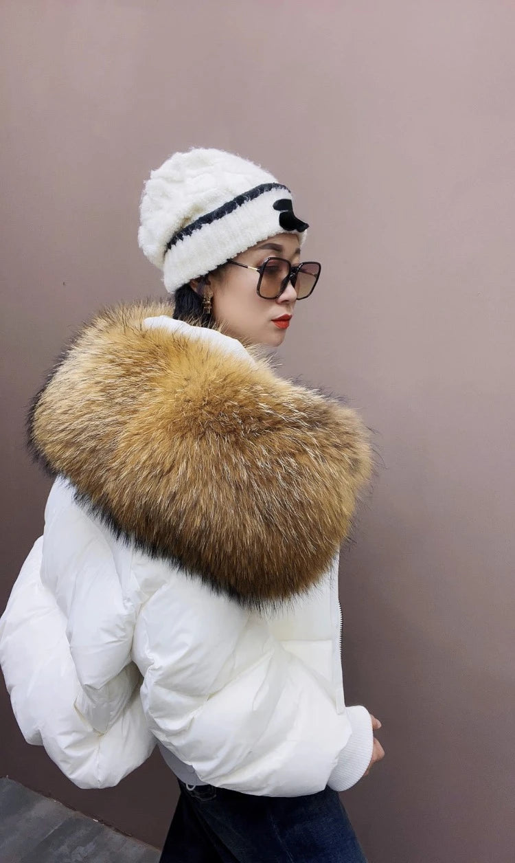 2024 Winter Puffer Jacket Women Large Fur Collar Short Female Parkas Thick Warm 90% Goose Down Coat Loose