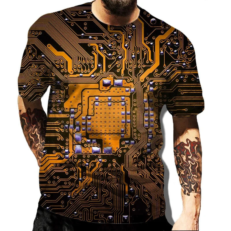 Circuit Board Electronic Chip Tee Unisex Summer Casual Short Sleeve Men Harajuku Streetwear Crew Neck Oversized Family T-shirt - Hiron Store