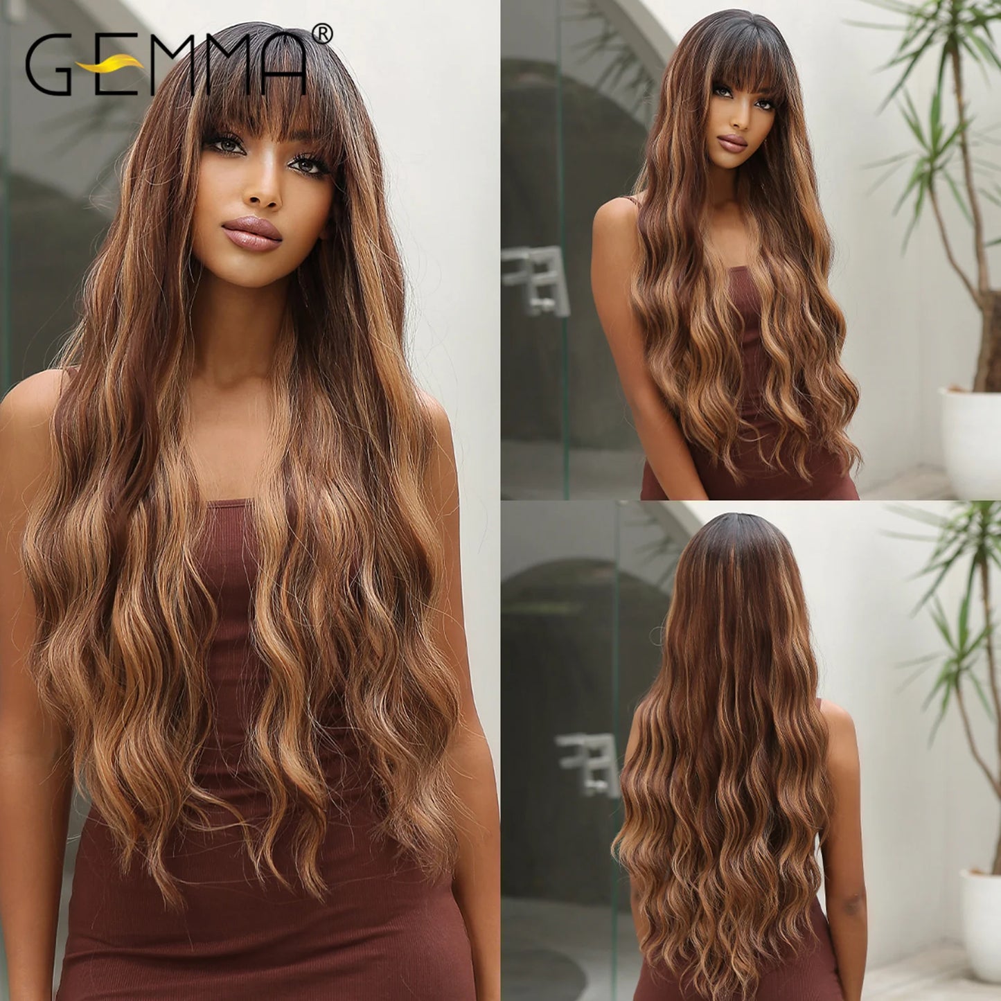 Ombre Brown Blonde Long Straight Synthetic Wigs with Bangs Cosplay Wig for Women High Temperature Natural Fake Hair