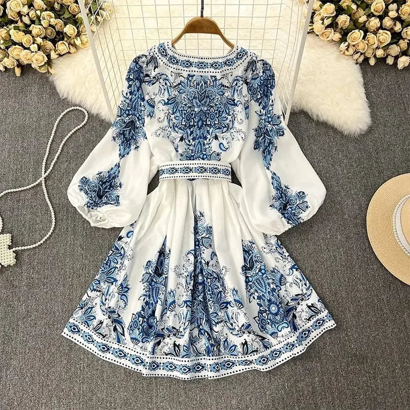 Women's Fashion Autumn New Blue Print V-Neck Long Sleeve Bohemian Dress Elegant Women's Belt Lantern Sleeve Holiday Vestidos - Hiron Store