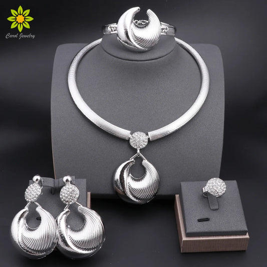 Dubai Jewelry Sets For Women Silver Plated Necklace Earrings Bracelet And Ring Set