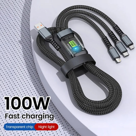 3-in-1 100W 5A Fast Charging USB To Type-C Micro Fast Charger Cable For iPhone 14 13 Samsung Xiaomi Huawei iPhone 14 13