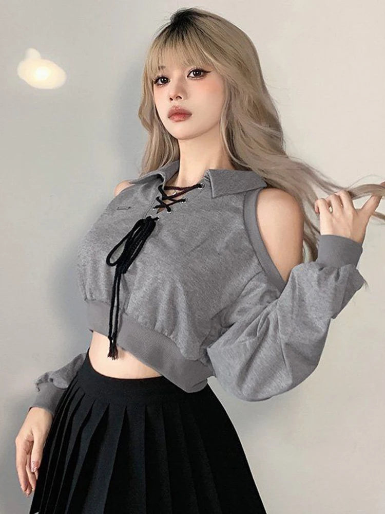 Women Sweatshirt Streetwear Off Shoulder Gothic Tops Long Sleeve Harajuku Grey Pullovers