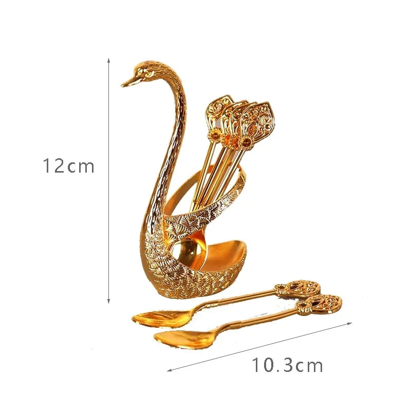 7pcs Spoon Set Zinc Alloy Coffee Spoon with Swan Shaped Holder Creative Luxury Dessert Utensils For Tea Ice Cream Stirring Tools