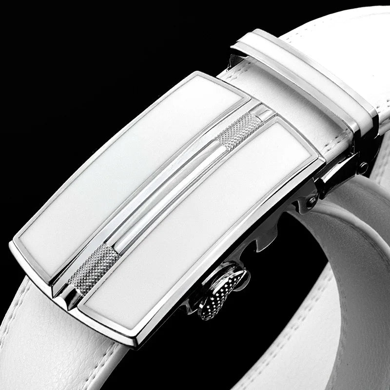 White Colour Men Women Unisex Genuine Leather Belt Automatic Buckle Waist Straps