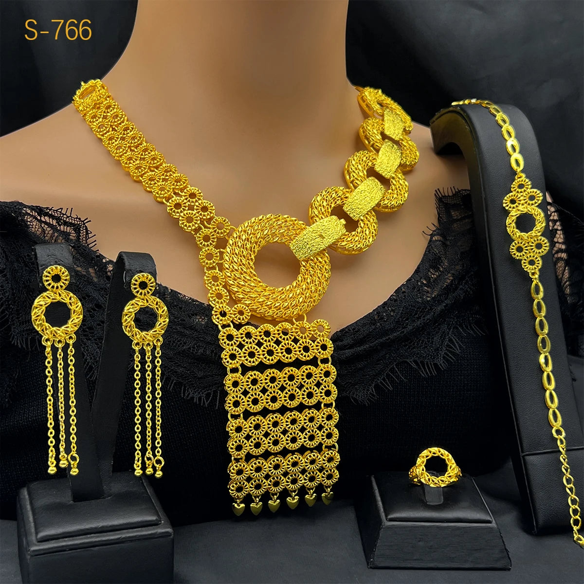 Dubai Gold Color Jewelry Set Bridal Indian Long Necklace Set Nigerian Choker Necklace Bracelet Earring Ring Sets