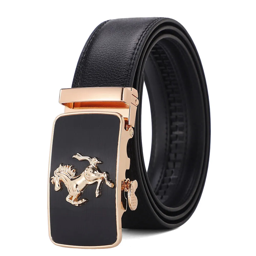 Men Genuine Leather Belts Brand Luxury Horse High Quality Business Work Automatic Buckle Belts for Men Gold Silver Male Belt Men