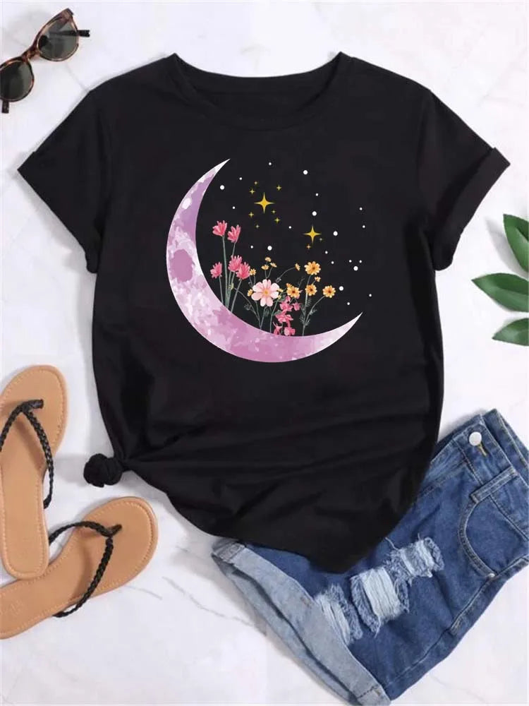 Women Moon Planet Print Round Neck Short Sleeve Streetwear Female T-Shirt  Tops