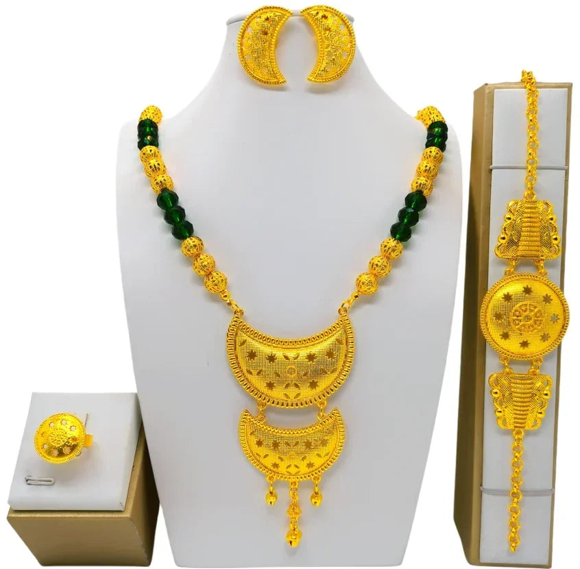 Dubai Jewelry Set For Women Necklace Earrings Indian Thailand Two Piece Set Gold Color