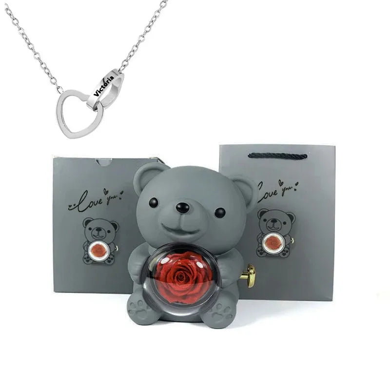 Eternal Rose Teddy Bear Gifts Box with Necklace Rotate Rose Jewelry Box